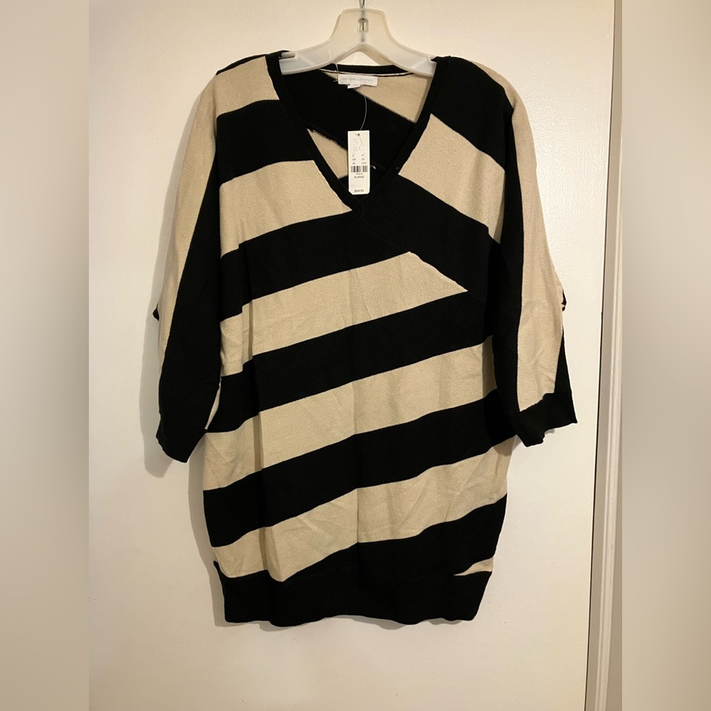 New York & Company Black and Cream Diagonal Stripe V-Neck Sweater